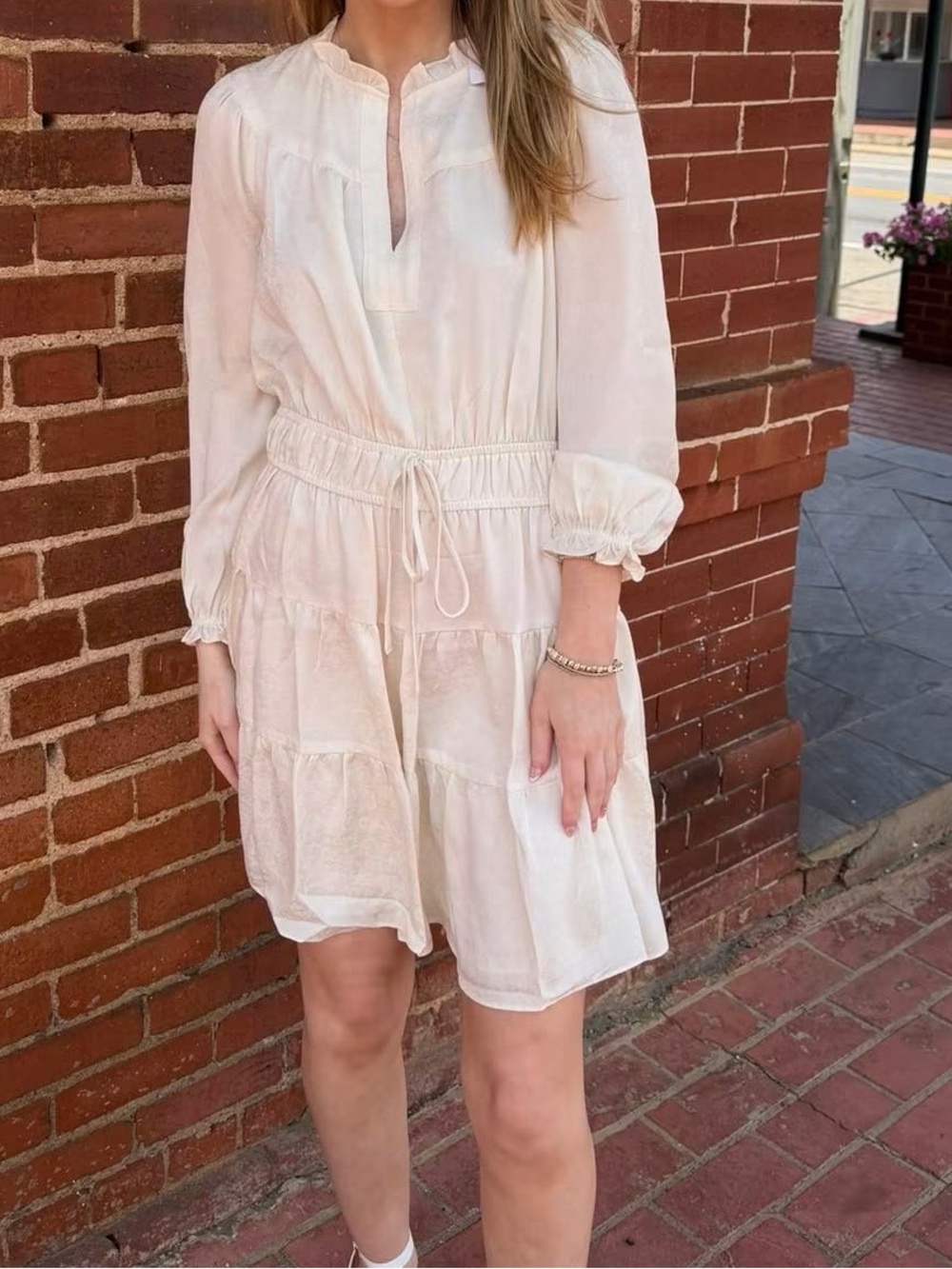 Current Air Cream Tiered Mini Dress with Drawstring Waist